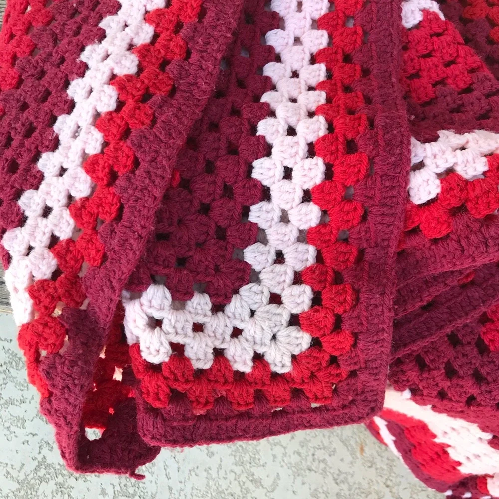VINTAGE Crochet Red & Pink Hand Knit Throw Blanket Handcrafted